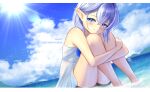  1boy bare_arms bare_legs bare_shoulders basher bike_shorts blue_eyes blush boros_(ouro_kronii) cloud commentary crossdressing crossdressing_(mtf) dated day dress dutch_angle english_commentary english_text grey_hair hair_between_eyes highres hololive hololive_english hugging_own_legs lens_flare long_pointy_ears looking_at_viewer outdoors personification pointy_ears sitting sleeveless sleeveless_dress smile solo sun trap water water_drop wet wet_clothes wet_hair white_dress 