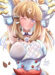 +_+ 1girl almond_eye_(the_changer)_(umamusume) almond_eye_(umamusume) animal_ears armpits arms_up blue_eyes blush bow_hairband breasts brown_hair checkered_collar cleavage colored_inner_hair commentary detached_sleeves dress hair_ornament hairband hairclip highres horse_ears horse_girl horse_tail large_breasts long_hair looking_at_viewer multicolored_hair one_eye_closed parted_lips quyyaq red_button simple_background solo steaming_body sweat symbol-shaped_pupils tail umamusume upper_body white_background white_hairband x-shaped_pupils 