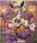  1girl animal_ears bat_(animal) bat_wings black_bow black_bowtie black_hairband blue_flower blue_rose bow bowtie breasts brick_wall brown_hair center_frills claws collared_shirt commentary_request cowboy_shot ears_through_headwear flower frilled_hairband frills ghost hair_flower hair_ornament hair_over_one_eye hairband halloween hat highres horse_ears horse_girl horse_tail lantern long_hair looking_at_viewer marker_(medium) moon mosho open_mouth orange_bow painting_(medium) puffy_short_sleeves puffy_sleeves purple_eyes purple_skirt rice_shower_(umamusume) rice_shower_(vampire_makeover!)_(umamusume) rose shikishi shirt short_sleeves skirt solo spider_web_print tail traditional_media umamusume watercolor_(medium) white_shirt wings witch_hat 