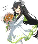  1girl :d absurdres bigkwl blush bouquet commentary_request cowboy_shot dated dated_commentary double-parted_bangs dress flower green_eyes green_sailor_collar headgear highres holding holding_bouquet i-47_(kancolle) kantai_collection long_sleeves looking_at_viewer one-hour_drawing_challenge open_mouth orange_flower orange_rose pink_flower pink_rose rose sailor_collar sailor_dress short_dress simple_background smile solo thighhighs twitter_username white_background white_dress white_thighhighs 