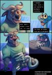 anthro apologetic balls blue_body blue_scales blush bodily_fluids bovid bovine cape_buffalo chief_bogo coiling coiling_another coiling_around_body coiling_around_penis cum cum_in_mouth cum_inside cumshot dewkei dialogue disney duo ejaculation fangs fellatio feral fur gary_de'snake genital_fluids genitals grey_body grey_fur hi_res horn hospital_gown male male/male mammal oral penile pit_viper reptile scales scalie sex snake teeth viper yellow_eyes zootopia