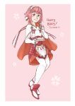  1girl cake cake_slice cantobear fire_emblem fire_emblem_fates food hairband holding holding_plate japanese_clothes looking_at_viewer pink_eyes pink_hair plate sakura_(fire_emblem) smile solo white_hairband 