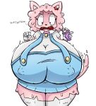 anthro bell bell_collar big_breasts breast_growth breasts clothing collar domestic_cat felid feline felis female footwear gloves goo_creature growth hair handwear hi_res huge_breasts huge_thighs legwear mammal motion_lines nipple_outline overalls pink_body pink_hair sarah_kattina_(spicysierra) socks solo spicysierra surprised thick_thighs thigh_highs thigh_socks