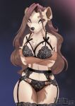  &lt;3 anthro blue_eyes bow_tie bra breasts brown_body brown_fur brown_hair clothing cocoline_(artist) crossed_arms curvaceous curvy_figure female fluffy fluffy_hair fur garter_belt garter_straps hair hi_res holding_breast lace lace_bottomwear lace_bra lace_panties legwear lingerie long_hair looking_at_viewer mammal multicolored_body panties simple_background solo thick_thighs thigh_highs tuft two_tone_body underwear ursid voluptuous watermark wide_hips 