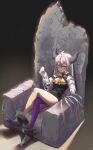  1girl absurdres ahoge bangs bracelet closed_mouth crossed_bangs crossed_legs dark dyed_bangs fang highres hololive horns jewelry la+_darknesss light_particles long_hair purple_legwear ryudraw signature silver_hair single_leg_pantyhose skin_fang solo throne yellow_eyes 