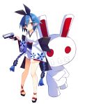  1girl absurdres blue_hair blush braid bunny disgaea fang full_body gun hair_over_one_eye hairband highres holding holding_gun holding_weapon japanese_clothes kimono looking_at_viewer makai_senki_disgaea nanozenzen open_mouth pleinair pointy_ears red_eyes short_hair simple_background solo twin_braids usagi-san weapon white_background 