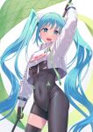  1girl :d arm_up ashitana asymmetrical_legwear bangs black_bodysuit black_gloves black_legwear blue_eyes blue_hair bodysuit breasts covered_navel floating_hair gloves green_gloves hatsune_miku highres long_hair looking_at_viewer medium_breasts open_mouth racing_miku_(2022) simple_background skindentation smile solo standing thighhighs twintails two-tone_gloves very_long_hair vocaloid white_background 