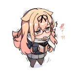  1girl absurdres alternate_costume bespectacled black_legwear black_sweater blonde_hair book chibi commentary_request dyson_(edaokunnsaikouya) fang full_body glasses grey_skirt hair_flaps hair_ornament hair_ribbon hairclip highres kantai_collection long_hair necktie open_mouth pantyhose red-framed_eyewear red_eyes ribbon scarf school_uniform semi-rimless_eyewear skin_fang skirt solo sweater tears trembling under-rim_eyewear white_scarf yuudachi_(kancolle) yuudachi_kai_ni_(kancolle) 