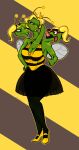  3_heads anthro arthropod bee blonde_hair bottomwear breasts cleavage clothed clothing crown dragon etcexera eyewear female gesture glasses green_body green_scales hair hi_res high_heels hydra hymenopteran insect insect_wings multi_head scales skirt solo thumbs_up wings 