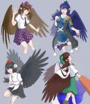  4girls \||/ armor asymmetrical_footwear asymmetrical_legwear bangs belt bird_wings black_belt black_coat black_hair black_legwear black_necktie black_ribbon black_skirt black_wings blouse blue_cape blue_dress blue_hair blue_wings bow breasts brown_hair brown_wings camera cape channel_ikihaji checkered_clothes checkered_skirt closed_mouth coat collared_blouse collared_shirt commentary_request cowboy_shot cropped_legs dress eyebrows_visible_through_hair feathered_wings frilled_dress frilled_shirt_collar frilled_skirt frilled_sleeves frills gem geta green_bow green_skirt hair_bow hand_on_own_chest hat highres himekaidou_hatate holding holding_camera iizunamaru_megumu kneehighs leg_up long_coat long_hair medium_breasts medium_skirt mismatched_footwear multiple_girls necktie one_eye_closed open_mouth outstretched_arm outstretched_hand pauldrons pointy_ears pom_pom_(clothes) ponytail puffy_short_sleeves puffy_sleeves purple_eyes purple_footwear purple_headwear purple_skirt red_eyes red_headwear reiuji_utsuho ribbon ribbon-trimmed_skirt ribbon_trim shameimaru_aya shirt short_hair short_sleeves shoulder_armor shoulder_guard single_pauldron skirt sleeveless_coat smile tengu tengu-geta third_eye tokin_hat touhou twintails two-sided_fabric two-tone_cape v white_blouse white_cape white_shirt wings 