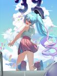  1girl 39 :d absurdres ahoge arm_tattoo blue_eyes blue_footwear blue_hair blue_sky collared_shirt cumulonimbus_cloud floating_hair from_behind from_below gradient_hair hatsune_miku highres long_hair lovelyme miniskirt multicolored_hair pink_footwear pink_hair pink_skirt pleated_skirt sailor_collar sailor_shirt shirt skirt sky sleeveless sleeveless_shirt smile socks solo tattoo twintails two-tone_footwear very_long_hair vocaloid white_legwear white_sailor_collar white_shirt 