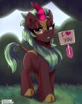  &lt;3 2022 absurd_res asian_mythology blush brown_body brown_fur chinese_mythology cinder_glow_(mlp) cloven_hooves east_asian_mythology english_text eyelashes facial_scales female feral friendship_is_magic fur glowing glowing_horn grass green_mane hasbro hi_res hooves horn kirin looking_at_viewer mammal mane my_little_pony mythology plant scales shadowreindeer sign solo telekinesis text yellow_eyes 