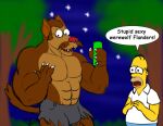  anthro balding brown_body brown_fur canid canine canis caseyljones claws duo eyewear facial_hair fangs fur glasses homer_simpson human male mammal muscular mustache ned_flanders the_simpsons were werecanid werecanine werewolf wolf yellow_body yellow_skin 