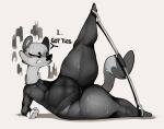  anthro athletic_wear barely_visible_genitalia barely_visible_pussy bodily_fluids dialogue female foxialewd full_body_suit genitals hi_res huge_hips huge_thighs kaz_(foxialewd) looking_at_self mammal monochrome mustela mustelid musteline pussy rope solo stoat stretching struggling sweat talking_to_self thick_thighs true_musteline wide_hips 