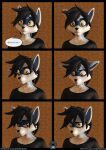  anthro black_hair blue_body blue_fur brother clothing comic comic_panel expressions felix_(striped_sins) fur hair hi_res learning male mammal procyonid raccoon realization shirt sibling solo speech_bubble striped_sins t-shirt topwear willitfit yellow_eyes 