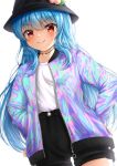  1girl bangs black_headwear black_shorts blue_hair blush cardigan closed_mouth cowboy_shot dutch_angle eyebrows_visible_through_hair hair_between_eyes hands_on_hips hat highres hinanawi_tenshi long_hair looking_at_viewer open_cardigan open_clothes pink_cardigan red_eyes reijing_etrn shiny shiny_hair shirt short_shorts shorts simple_background smile solo standing straight_hair thigh_gap touhou unzipped very_long_hair white_background white_shirt 