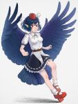  1girl :o belt bird_wings black_hair black_ribbon black_skirt black_wings bobby_socks breasts brown_belt channel_ikihaji collared_shirt commentary_request feathered_wings frilled_skirt frilled_sleeves frills full_body geta hat medium_breasts open_mouth pointy_ears pom_pom_(clothes) puffy_short_sleeves puffy_sleeves red_eyes red_footwear red_headwear ribbon ribbon-trimmed_skirt ribbon_trim shameimaru_aya shirt short_hair short_sleeves simple_background skirt socks tengu-geta tokin_hat touhou white_background white_legwear white_shirt wings 