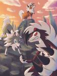  absurdres blue_eyes claws closed_mouth cloud colored_sclera commentary_request crescent_moon frown green_eyes highres luna_mokamoka lycanroc lycanroc_(dusk) lycanroc_(midday) lycanroc_(midnight) moon no_humans outdoors pokemon pokemon_(creature) red_eyes red_sclera sky standing twilight 