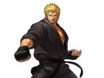  1boy alternate_costume arm_behind_back bara beard belt black_belt black_clothes blonde_hair brown_eyes clenched_hand colored_eyelashes cowboy_shot dougi facial_hair fighting_stance fingerless_gloves gloves hiroaki_(kof) karate_gi large_pectorals looking_at_viewer male_focus mature_male mr._karate muscular muscular_male neo_geo_battle_coliseum official_art pectoral_cleavage pectorals ryou_sakazaki short_hair sideburns snk 