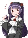  black_jacket collar frilled_jacket frilled_shirt frilled_sleeves frills gokou_ruri gothic_lolita hand_in_hair highres hime_cut jacket lolita_fashion mole mole_under_eye ore_no_imouto_ga_konna_ni_kawaii_wake_ga_nai purple_hair rasis_kobato red_eyes rose_hair_ornament shirt smile teeth white_background white_collar white_shirt 