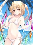  1girl absurdres adjusting_clothes adjusting_swimsuit bangs bikini blonde_hair blue_sky braid breasts closed_mouth cloud cloudy_sky cowboy_shot crystal day drill_hair dutch_angle flandre_scarlet groin hair_tie haruki_(colorful_macaron) highres horizon long_hair looking_at_viewer navel ocean outdoors palm_tree pointy_ears red_eyes side-tie_bikini side_ponytail sky small_breasts smile solo splashing standing string_bikini swimsuit touhou tree twitter_username water water_drop white_bikini wings 