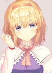  1girl 2020 alice_margatroid bangs blonde_hair blue_eyes blush breasts capelet closed_mouth commentary_request dress eyebrows_visible_through_hair eyelashes eyes_visible_through_hair face grey_background hair_between_eyes hairband hand_up highres kisamu_(ksmz) long_sleeves looking_at_viewer medium_breasts necktie orange_hair orange_hairband pink_necktie puffy_long_sleeves puffy_sleeves purple_dress shirt short_hair signature simple_background solo touhou upper_body white_capelet white_shirt 