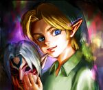  1boy blonde_hair blue_eyes commentary_request hat holding holding_mask link long_hair male_focus mask mihama66 nose pointy_ears short_hair smile smirk solo the_legend_of_zelda 