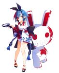  1girl absurdres blood blue_hair blush braid bunny disgaea fang full_body gun hair_over_one_eye hairband highres holding holding_gun holding_weapon japanese_clothes kimono looking_at_viewer makai_senki_disgaea nanozenzen open_mouth pleinair pointy_ears red_eyes short_hair simple_background solo twin_braids usagi-san weapon white_background 