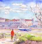  1boy aircraft airfield airplane architecture artist_name bare_tree blue_sky building cloud cloudy_sky commentary_request day grass hat marine-island mountain outdoors painting_(medium) real_life real_world_location scenery signature sky solo traditional_media tree watercolor_(medium) wide_shot 