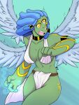  3_eyes absurd_res amphibian angel anthro blue_hair bottomwear clothing feathered_wings feathers female frog green_body green_skin hair hi_res humanoid loincloth magic markings multi_eye solo tara_hills thequakekat wings yellow_markings 