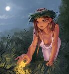  1girl all_fours breasts brown_eyes brown_hair downblouse dress flower glowing hair_behind_ear head_wreath highres iskanderednaksi long_hair moon night night_sky nipples open_mouth original outdoors sky small_breasts solo white_dress wreath 