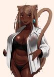  1girl absurdres animal_ears black_bra black_panties bra bra_visible_through_clothes breasts brown-haired_cat_girl_(kevbot) cat_ears cat_girl cat_tail cropped_legs dark-skinned_female dark_skin earrings english_commentary fang highres jewelry kevbot large_breasts long_hair open_clothes open_mouth open_shirt original panties smile tail thighs unbuttoned unbuttoned_shirt underwear 