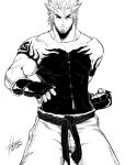  1boy abs bara beard belt black_belt clenched_hand closed_mouth cowboy_shot facial_hair falcoon fatal_fury fighting_stance fingerless_gloves gloves greyscale kanji looking_at_viewer mature_male monochrome mr._karate muscular muscular_male official_art patterned_clothing pectorals ryou_sakazaki serious shirt signature spiked_hair stubble thick_arms thick_eyebrows tight tight_shirt 