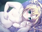  1boy 1girl alpha_(yukai_na_nakamatachi) bangs bed_sheet blonde_hair blush braid breasts censored collarbone completely_nude eyebrows_visible_through_hair game_cg green_eyes hair_intakes kuribayashi_hatoko long_hair looking_at_viewer lying mosaic_censoring nipples nude okiba_ga_nai! on_side open_mouth small_breasts solo_focus twintails 