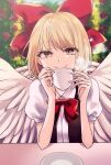  1girl angel_wings blonde_hair bow bowtie brown_vest collared_shirt cup eyelashes feathered_wings gengetsu_(touhou) hair_bow holding holding_cup katayama_kei looking_at_viewer mug open_clothes open_vest outdoors puffy_short_sleeves puffy_sleeves red_bow red_bowtie shirt short_hair short_sleeves table touhou touhou_(pc-98) upper_body vest white_shirt white_wings wings yellow_eyes 