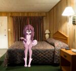  absurd_res anthro bed breasts canid canine canis coin curtains domestic_dog dresser female furniture hi_res homeless_dog hospital_bracelet hotel_room lamp mammal motel nipples nude on_bed photo_background ponporio_(artist) sitting sitting_on_bed solo 