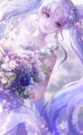  1girl bangs bishoujo_senshi_sailor_moon blue_eyes blue_flower blurry blurry_background bouquet closed_mouth collarbone dress dutch_angle eyebrows_visible_through_hair floating_hair flower hair_between_eyes hair_ornament highres holding holding_bouquet long_hair newz_(primnewz) princess_serenity shiny shiny_hair silver_hair smile solo strapless strapless_dress twintails very_long_hair watermark white_dress 