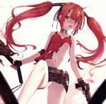  1girl artist_name axe bangs bare_shoulders belt belt_buckle black_gloves black_ribbon black_skirt blurry blurry_foreground blush brown_belt buckle camisole collarbone commentary_request cz-75 cz75_(girls&#039;_frontline) depth_of_field eyebrows_visible_through_hair fingerless_gloves girls&#039;_frontline gloves gun hair_ornament hair_ribbon hairclip handgun highres holding holding_gun holding_weapon long_hair looking_at_viewer nekoya_(liu) open_mouth panties red_camisole red_eyes red_hair revision ribbon round_teeth sidelocks skirt solo teeth torn_clothes torn_skirt twintails underwear upper_teeth v-shaped_eyebrows very_long_hair weapon white_panties 
