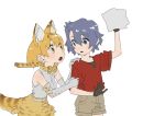  2girls :o against_fourth_wall animal_ear_fluff animal_ears animal_print arm_grab arm_up bangs bare_shoulders beige_shorts belt black_gloves black_undershirt blonde_hair blue_eyes bow bowtie cat_ears cleaning cowboy_shot cross-laced_clothes d: dark_blue_hair dilated_pupils dot_nose elbow_gloves extra_ears eye_contact eyebrows_behind_hair eyebrows_visible_through_hair eyelashes eyes_visible_through_hair flat_color gen-san_(x_xxxg) gloves hand_on_another&#039;s_arm hand_on_another&#039;s_shoulder hand_up high-waist_skirt highres kaban_(kemono_friends) kemono_friends looking_at_another looking_to_the_side looking_up multiple_girls negative_space no_headwear no_helmet open_hand open_mouth parted_bangs print_bow print_bowtie print_gloves print_skirt rag red_shirt serval_(kemono_friends) serval_print shirt shirt_tucked_in short_hair short_sleeves shorts simple_background skirt sleeveless sleeveless_shirt standing striped_tail tail tareme undershirt wavy_hair white_background white_belt white_gloves white_shirt yellow_eyes yellow_skirt 