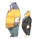  2022 absurd_res anthro biped black_nose bottomwear brown_body canid canine canis clothing domestic_dog duo hi_res humanoid_hands lentejota6 male mammal necktie overweight overweight_male pants shirt simple_background size_difference spectacled_bear topwear tremarctine ursid 