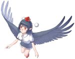  1girl bird_wings black_hair black_ribbon black_skirt black_wings breasts channel_ikihaji closed_mouth collared_shirt feathered_wings flying frilled_skirt frilled_sleeves frills geta hat medium_breasts pointy_ears pom_pom_(clothes) puffy_short_sleeves puffy_sleeves red_eyes red_footwear red_headwear ribbon shameimaru_aya shirt short_hair short_sleeves simple_background skirt tengu tengu-geta tokin_hat touhou white_background white_shirt wings 