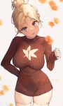  1girl :d arm_behind_back artist_name bangs blonde_hair blue_eyes blurry breasts brown_sleeves cleavage cleavage_cutout clothing_cutout commission cowboy_shot english_commentary eyebrows_visible_through_hair eyelashes forehead hair_bun heart heart-shaped_pupils highres large_breasts leaf leaf_cutout legs_apart liremi long_sleeves looking_at_viewer maple_leaf open_mouth original parted_bangs short_hair simple_background smile solo symbol-shaped_pupils thighhighs tied_hair web_address white_background white_legwear 