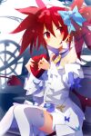  1girl absurdres bangs blush chocolate demon_girl demon_tail demon_wings detached_sleeves disgaea disgaea_rpg earrings etna eyebrows_visible_through_hair highres jewelry nanozenzen pointy_ears red_eyes red_hair red_wings saint_etna sitting slit_pupils solo tail thighhighs twintails valentine white_legwear wings 