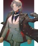  1boy aoki_(fumomo) black_coat black_shirt blue_eyes border coat coat_on_shoulders collared_shirt cowboy_shot earphones edo_phoenix grey_pants grin hair_intakes highres jacket long_sleeves looking_at_viewer male_focus necktie open_clothes open_coat pants pillarboxed shirt short_hair silver_hair smile solo standing white_border white_jacket white_necktie wing_collar yu-gi-oh! yu-gi-oh!_gx 