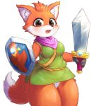  2022 4_fingers anthro blush breasts brown_eyes brown_nose camel_toe canid canine clothing cute_fangs dipstick_tail female fingers fox fur gloves hair handwear happy healingpit hi_res holding_object holding_sword holding_weapon inner_ear_fluff kemono looking_at_viewer mammal markings melee_weapon multicolored_body multicolored_fur multicolored_tail open_mouth open_smile orange_body orange_fur orange_hair portrait red_fox shield simple_background smile solo sword tail_markings thick_thighs three-quarter_portrait tongue tuft tunic tunic_(game) two_tone_body two_tone_fur underwear video_games weapon white_background white_body white_clothing white_fur white_underwear wide_hips 