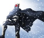  1boy arcle_(kuuga) beetle black_cloak bug clenched_hand cloak derivative_work gold_armor hand_on_own_knee highres horns kamen_rider kamen_rider_kuuga kamen_rider_kuuga_(series) kuuga_(amazing_mighty) leg_armor photo-referenced red_eyes rider_belt snow snowflakes stag_beetle taikyokuturugi tokusatsu winter 