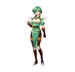  1girl absurdres armor bangs belt boots breastplate clenched_hand commentary_request dress elbow_gloves eyebrows_visible_through_hair fingerless_gloves fire_emblem fire_emblem:_thracia_776 fire_emblem_heroes full_body gloves gold_trim green_dress green_eyes green_hair hand_up highres karin_(fire_emblem) knee_pads looking_at_viewer official_art open_mouth pantyhose shiny shiny_clothes shiny_hair short_dress short_hair short_sleeves shoulder_armor simple_background smile solo thigh_boots thighhighs uroko_(mnr) white_background 