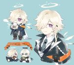  2boys ? arknights bishounen blue_eyes book chibi coffee coffee_cup cup disposable_cup doughnut enforcer_(arknights) english_text executor_(arknights) explosive food hair_over_eyes hair_over_one_eye halo male_focus mechanical_halo mine_(weapon) multiple_boys necktie purple_eyes shirt simple_background soppos white_hair white_shirt wings 