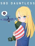  1girl aircraft airplane artist_name atamonica blonde_hair blue_eyes bomb character_name commentary highres jacket long_hair looking_at_viewer original propeller sbd_dauntless 