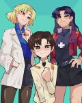  3girls absurdres akagi_ritsuko belt blonde_hair breasts brown_hair diforland heart heart-shaped_pupils highres ibuki_maya katsuragi_misato long_hair looking_at_viewer mole mole_under_eye multiple_girls neon_genesis_evangelion purple_hair short_hair simple_background smile symbol-shaped_pupils 